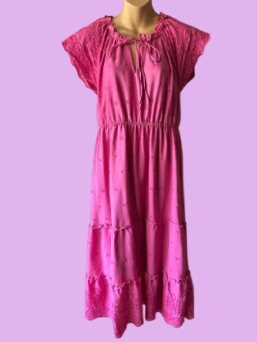 By the River Multi Tiered Pink Eyelet and Embroidered Dress